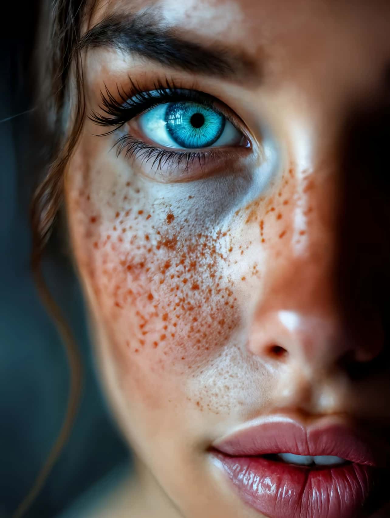 Extreme close-up cinematic still of a freckled wom